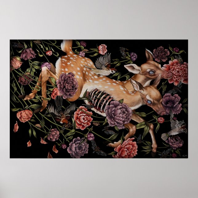 Rådjur med fåglar och blommor gotisk botanik poster (Framsidan)