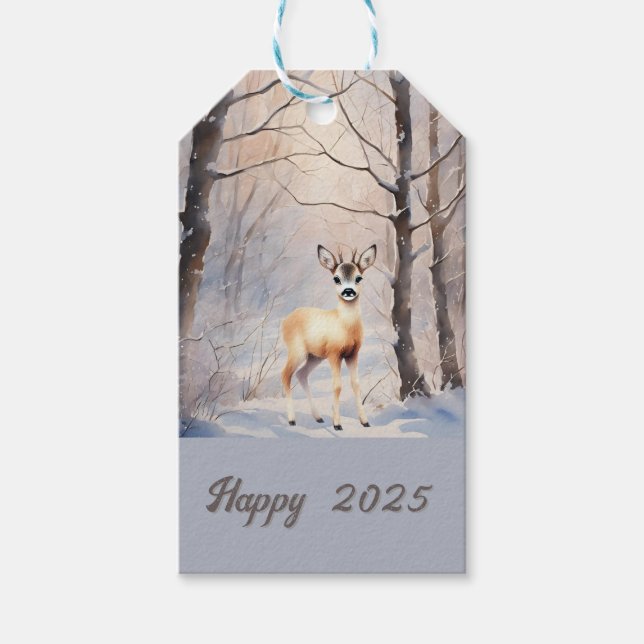 rådjur på vintern - Gott nytt 2025 Presentetikett (Framsidan)