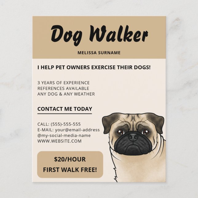 Rådjurs Pug Beige Hundpromenad Hundpromenader Husd Flygblad (Framsidan)