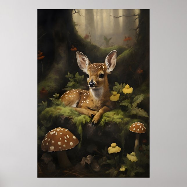 Rådjurstryck, liten hjort i mörkgrön skog poster (Framsidan)