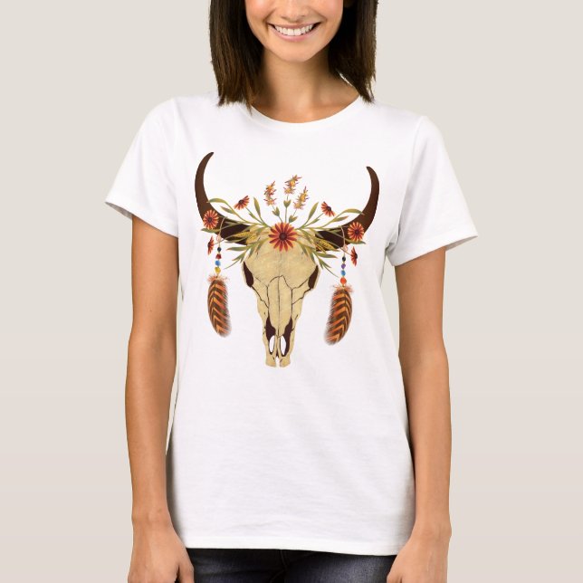 Rådskalle med blommor och fjädrar t shirt (Framsida)