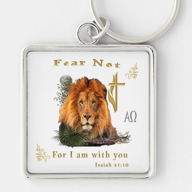 Rädsla inte Isaiah 41:10 Fyrkantig Silverfärgad Nyckelring (Framsidan)