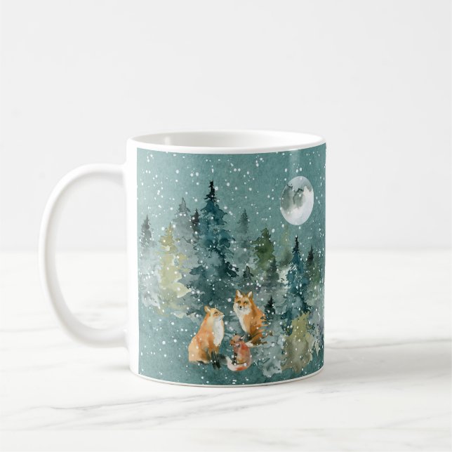 Räffamilj i skog fullmåne snöfall kaffemugg (Vänster)