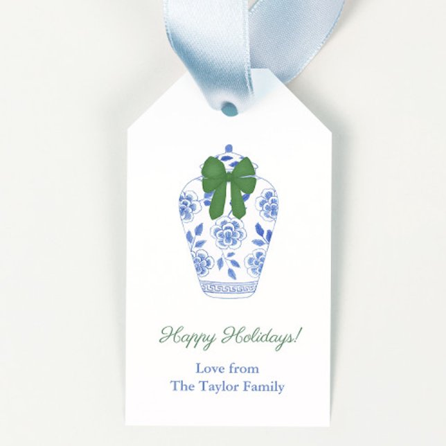 Raffinerad Grönt Bow Ginger Burk God jul Presentetikett (Elegant blue and white ginger jar with festive green bow merry christmas gift tags)
