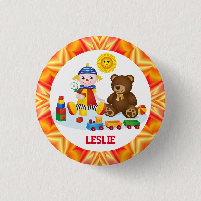 Rag Doll, Teddy och Smiling Sol Personlig Knapp (Framsida)