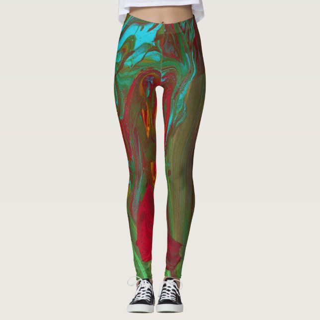 Rag To Riches 1 Fet Röda Gröna Abstrakt Leggings (Framsida)