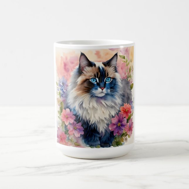 Ragdoll Cat Blommigt Porträtt Art Kaffemugg (Center)