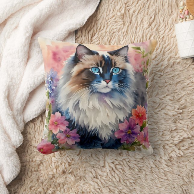 Ragdoll Cat Blommigt Porträtt Art Kudde (Filt)