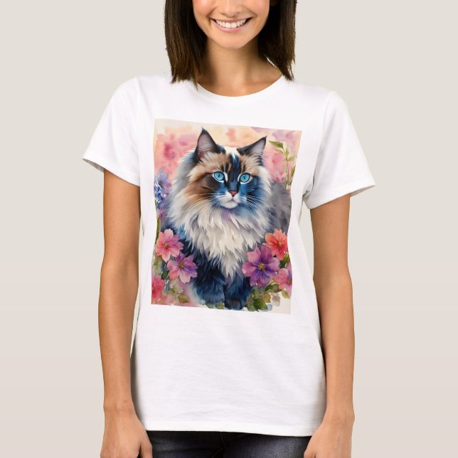 Ragdoll Cat Blommigt Porträtt Art T Shirt (Framsida)