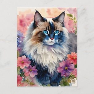 Ragdoll Cat Blommigt Porträtt Art Vykort