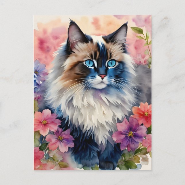Ragdoll Cat Blommigt Porträtt Art Vykort (Framsida)