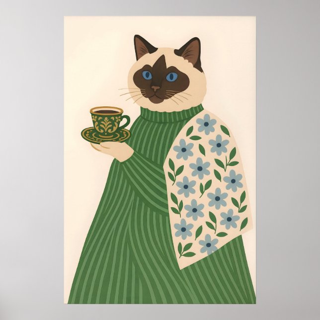 Ragdoll Cat Coffee Art Print, Floral Green Jacket Poster (Framsidan)