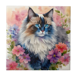 Ragdoll Cat Floral Portrait Kakelplatta