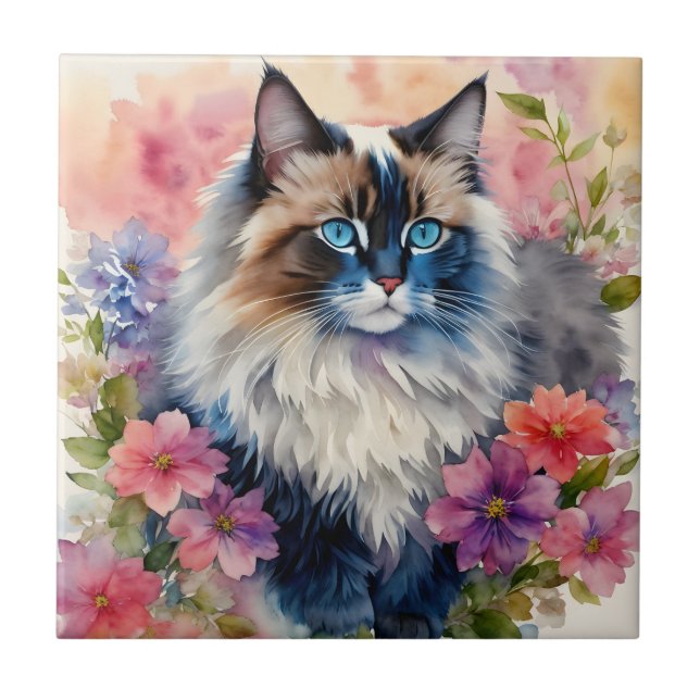 Ragdoll Cat Floral Portrait Kakelplatta (Framsidan)