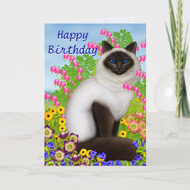 Ragdoll Cat in Garden Flowers Birthday Card Kort (Framsida)