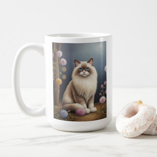 Ragdoll Cat in Garden Fluffy Pet Illustration Kaffemugg (Med munk)