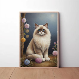 Ragdoll Cat in Garden Fluffy Pet Illustration Poster
