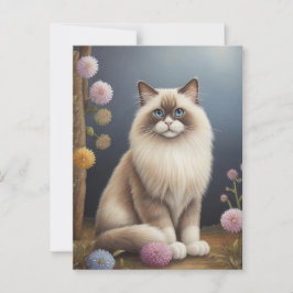 Ragdoll Cat in Garden Fluffy Pet Illustration Vykort
