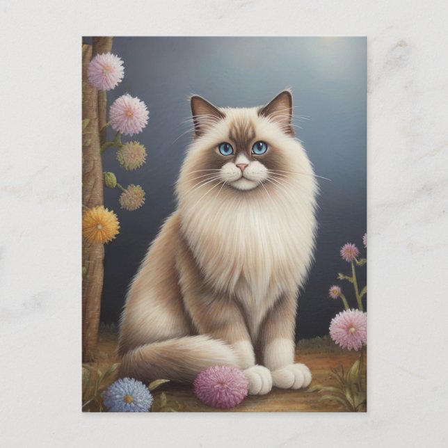 Ragdoll Cat in Garden Fluffy Pet Illustration Vykort (Framsida)