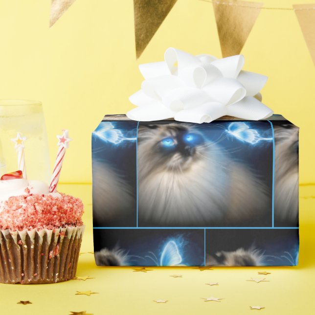 Ragdoll Cat med blå neon Butterfly Presentpapper (Födelsedagsfest)