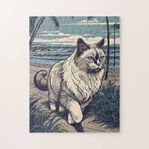 Ragdoll-Cat på en tropisk strand under solnedgånge Pussel