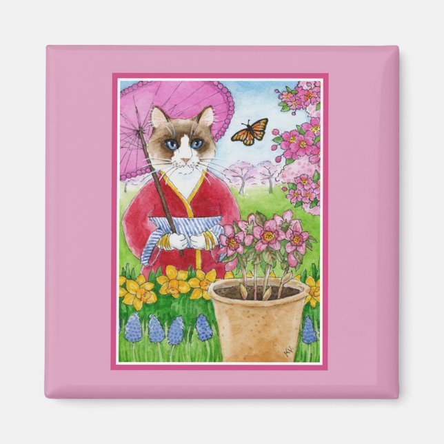 Ragdoll Cat på japansk Garden Vår Påsk Rosa Magnet (Framsidan)