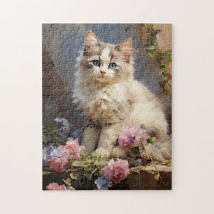 Ragdoll cat porträtt med blommor pussel