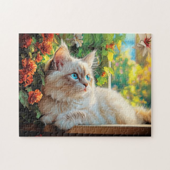 Ragdoll cat porträtt med blommor pussel (Horisontell)