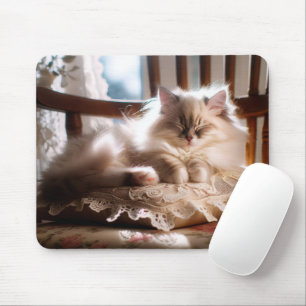 Ragdoll Cat som sover på påfyllning Musmatta