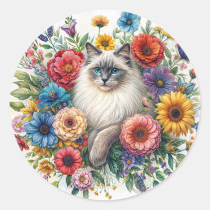 Ragdoll Katt Bland Färgrika Blommor Akvarell Runt Klistermärke