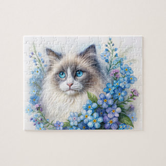 Ragdoll Katt Bland Förgätmigej Blommor Pussel