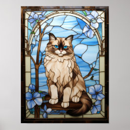 Ragdoll Katt Färgat Glasfönster med Blå Blommor Poster