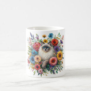 Ragdoll Katt Färgrik Blomma Porträtt Kaffemugg