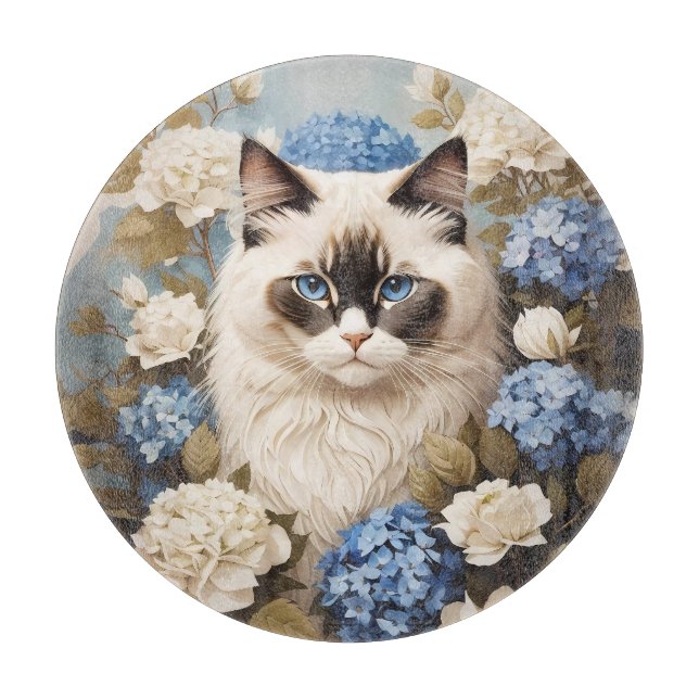 Ragdoll-katter med blå Hydrangea-blommor (Framsidan)