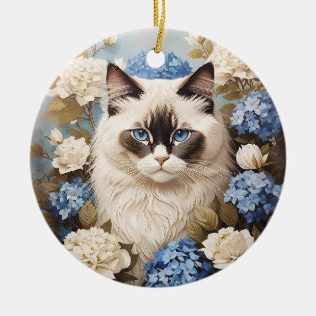 Ragdoll-katter med blå Hydrangea-blommor Julgransprydnad Keramik (Framsidan)