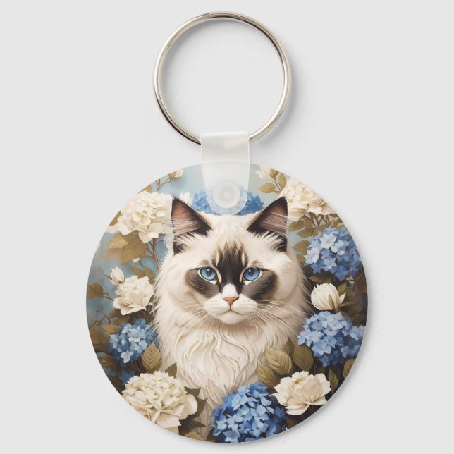 Ragdoll-katter med blå Hydrangea-blommor Nyckelring (Framsida)