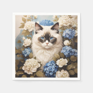 Ragdoll-katter med blå Hydrangea-blommor Pappersservett