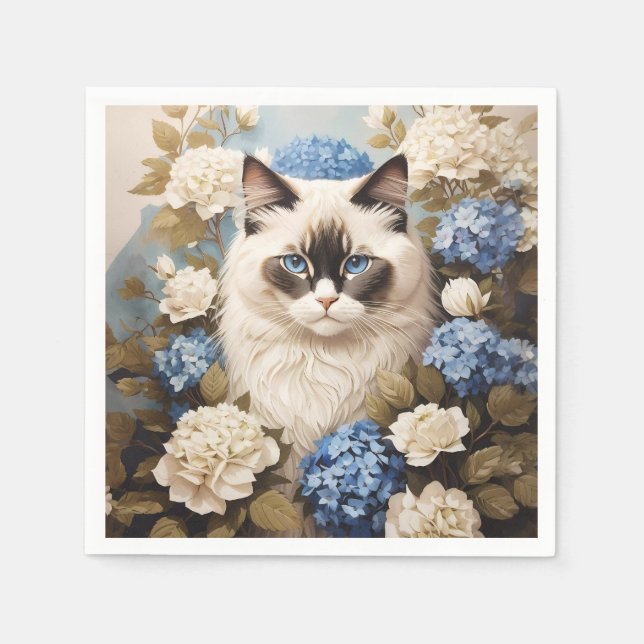 Ragdoll-katter med blå Hydrangea-blommor Pappersservett (Framsidan)
