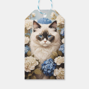 Ragdoll-katter med blå Hydrangea-blommor Presentetikett