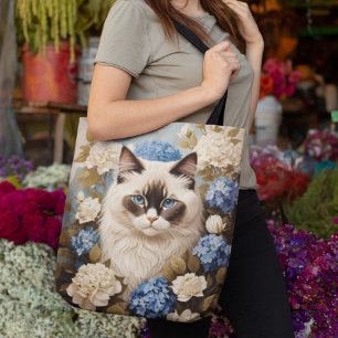 Ragdoll-katter med blå Hydrangea-blommor Tygkasse