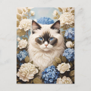 Ragdoll-katter med blå Hydrangea-blommor Vykort