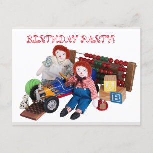 Raggedy Ann Andy leksak pojkflickfödelsedag småbar Inbjudan Vykort