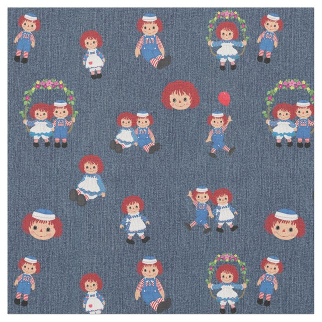 Raggedy Ann och Andy på Blue Denim Tyg (Närbild)
