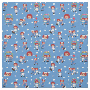 Raggedy Ann och Andy på fallande hjärtan på blått Tyg