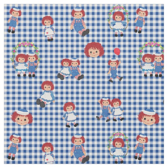 Raggedy Ann och Andy på Mörk blått Gingham Tyg (Närbild)