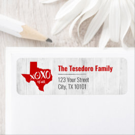 Raider Red XOXO, Y - Texas State Shape Returadress Etikett