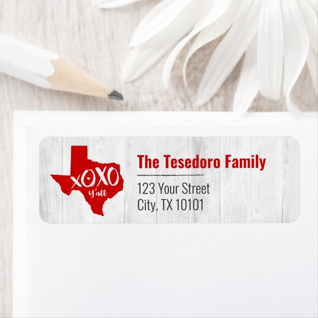 Raider Red XOXO, Y - Texas State Shape Returadress Etikett (Insitu)
