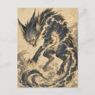 Raiju Guld Svans Japansk Yokai Konst Postkort Vykort
