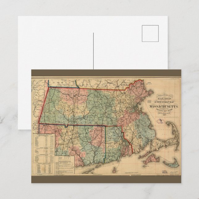 Rail Road & Township Karta of Massachusetts, 1879 Vykort (Fram/baksida)