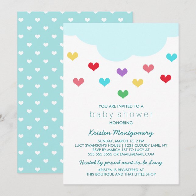 Rain Cloud & Hearts | Inbjudan till babyvisningspr (Fram/baksida)